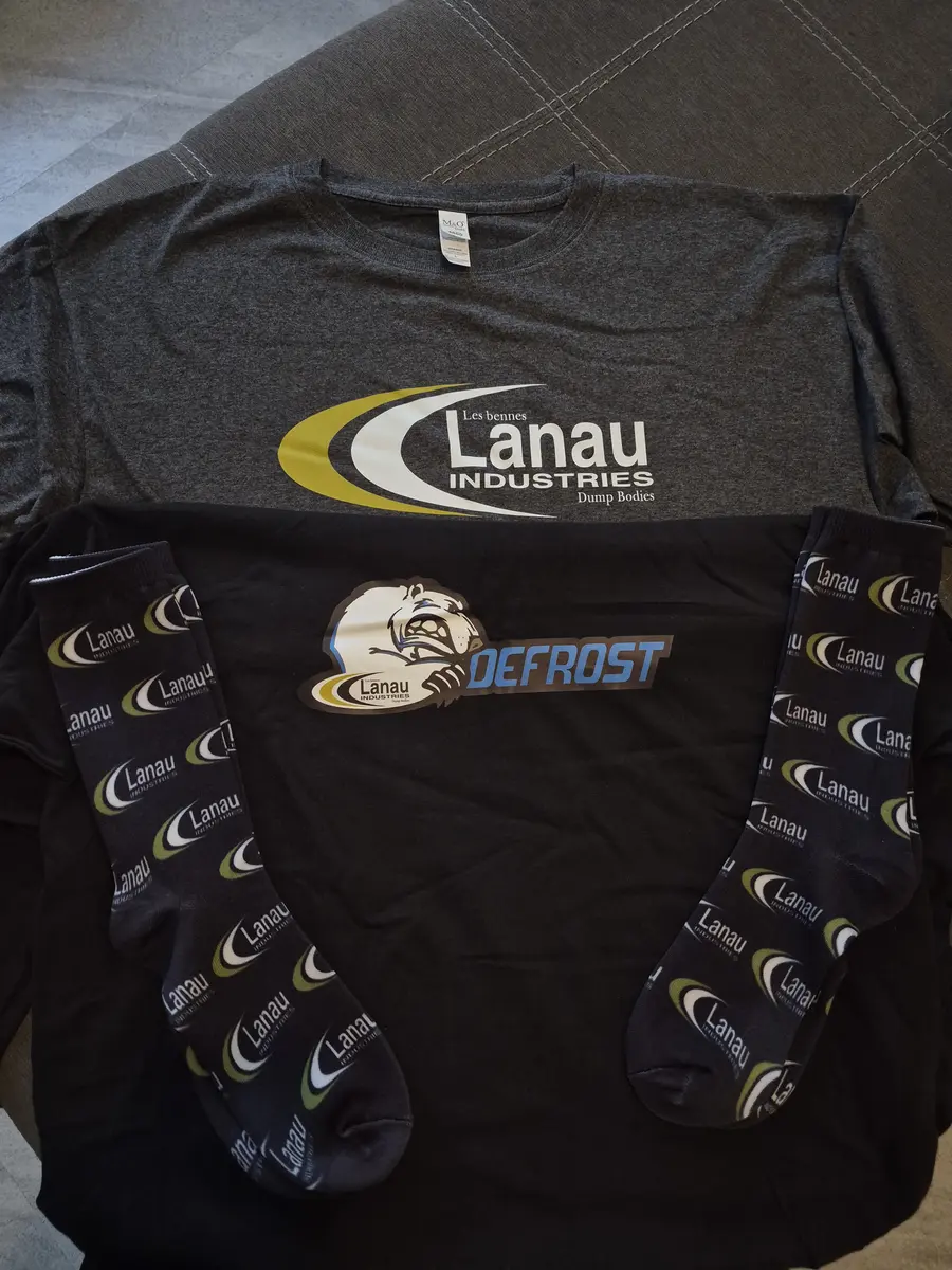 Vêtements de marque Lanau Industries — t-shirt, coton ouaté Defrost et bas personnalisés au logo