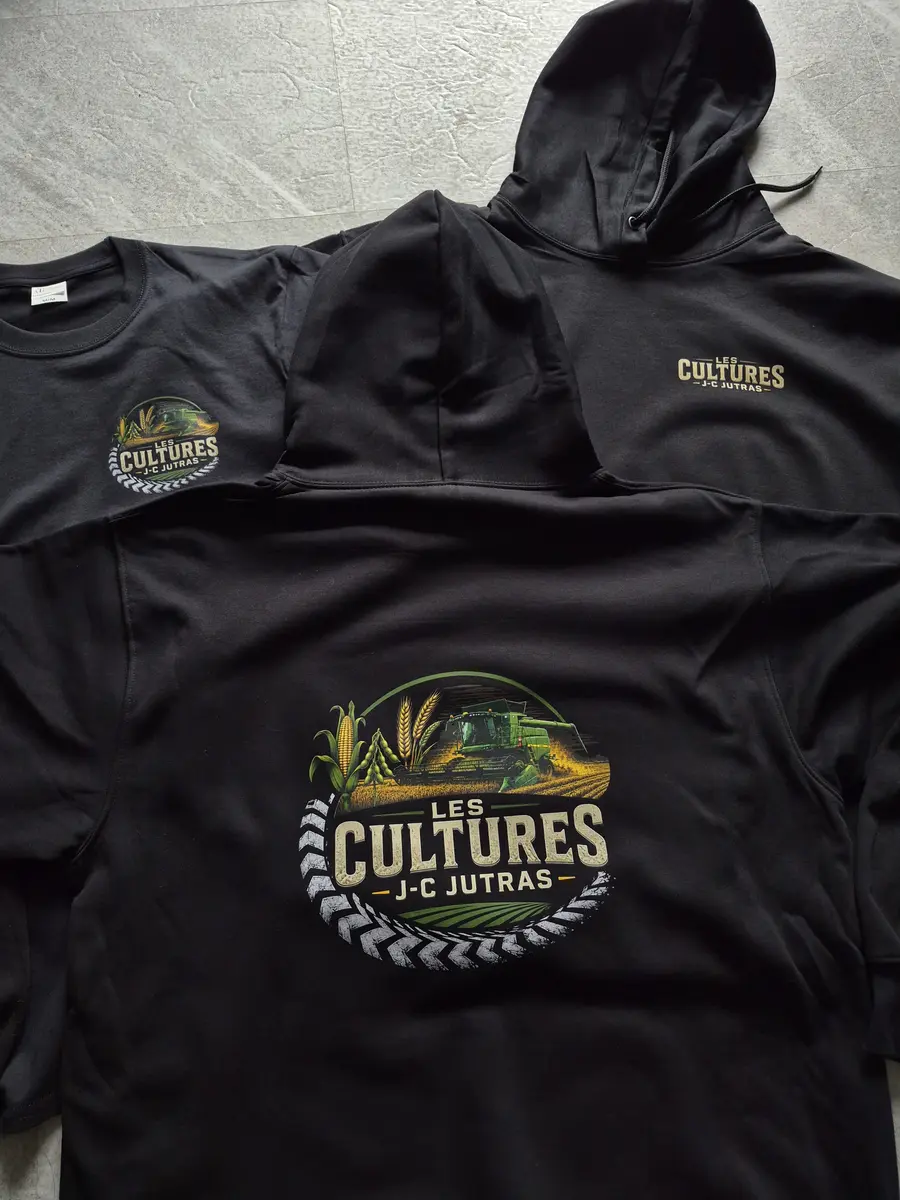 Vêtements de marque Les Cultures J-C Jutras — t-shirt et coton ouaté noirs au logo agricole