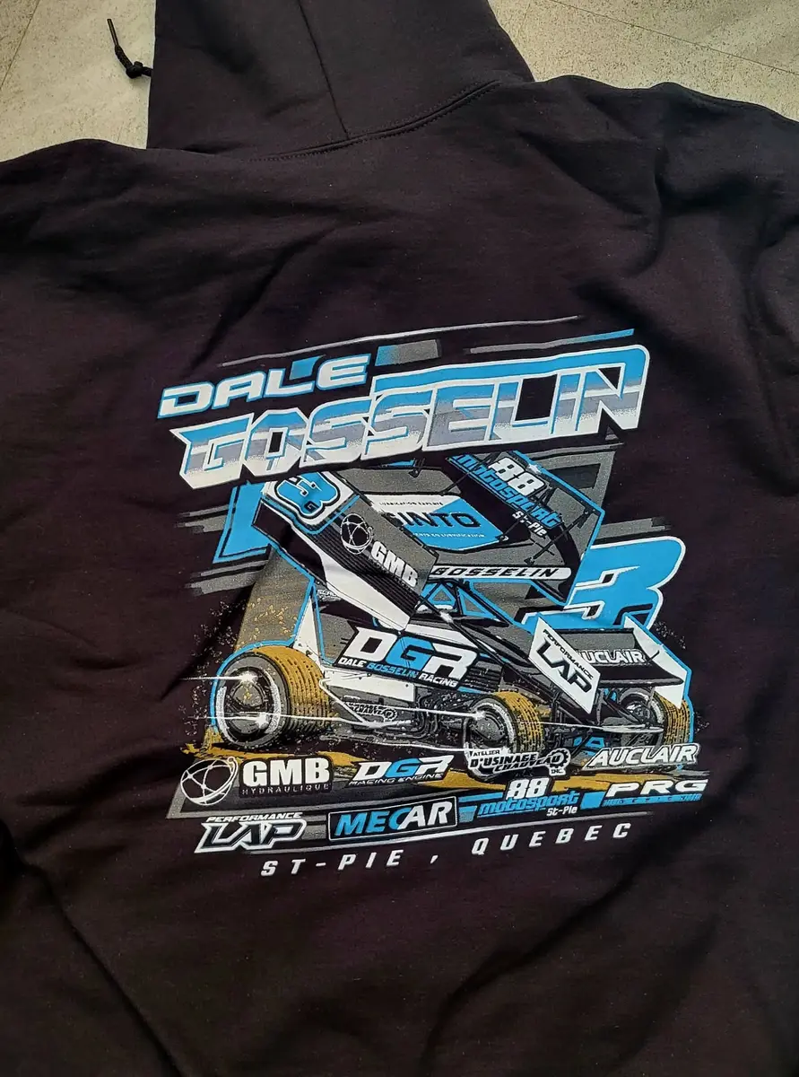 Sérigraphie de course Dale Gosselin (sprint car) au dos d'un coton ouaté noir — St-Pie, Québec